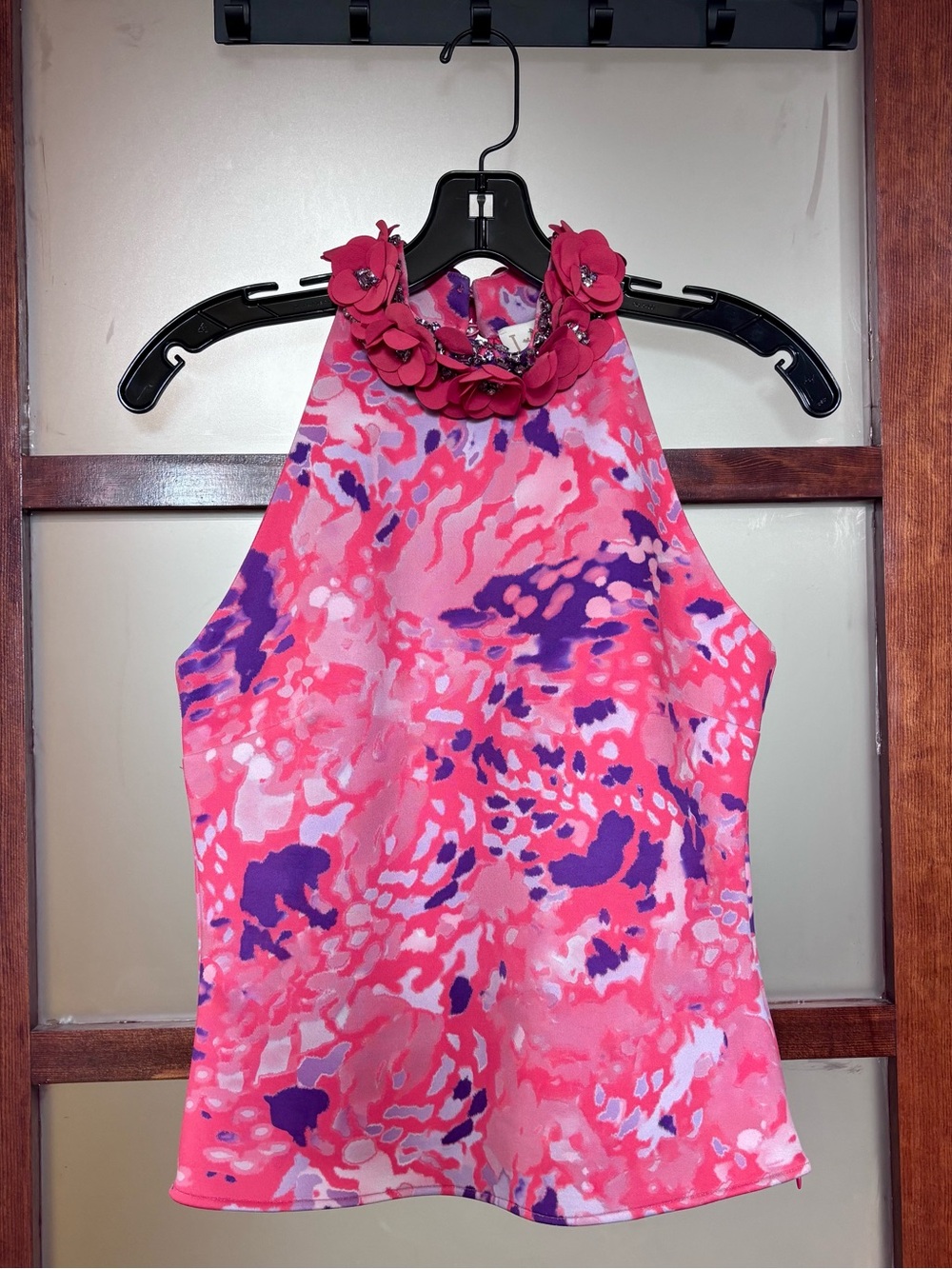 La Fuori Pink/Purple Halter Top with Floral Embellished Neck